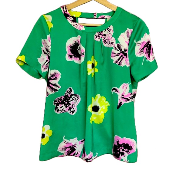 J. Crew Tops - J. CREW FACTORY S Green Pop Floral Tropical Silky Short Sleeved Open Back Blouse